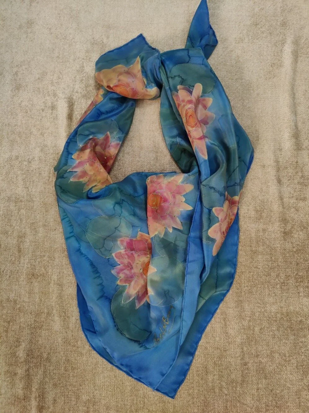 Rare Noel A. Bray Signed Silk Scarf. Hand-Painted Water Lily Art, 35